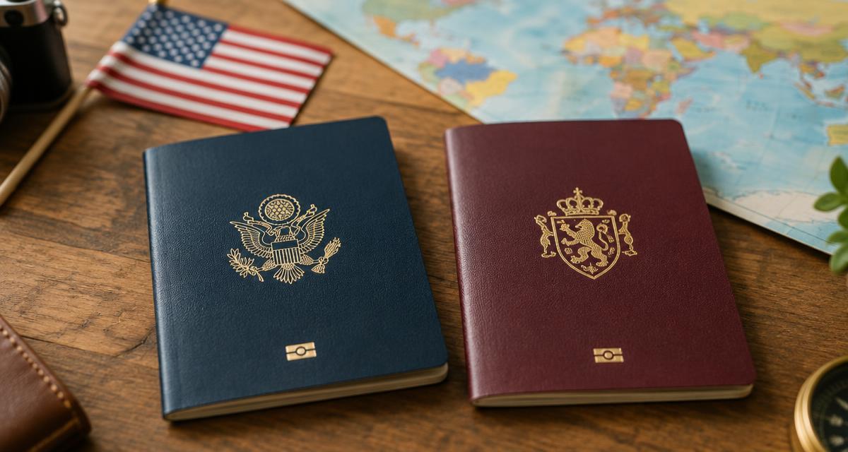 Dos pasaportes uno al lado del otro: un pasaporte de EE. UU. y un pasaporte de otro país