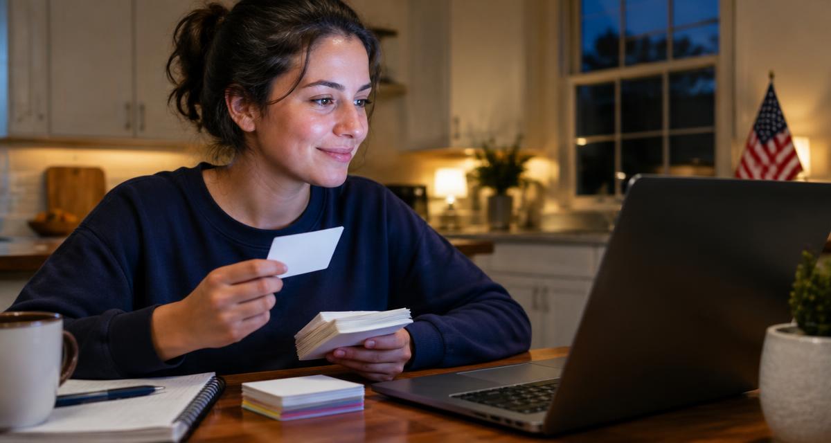Persona estudiando tarjetas de ciudadanía en la mesa de la cocina