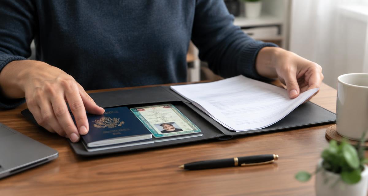 Solicitante organizando pasaporte, tarjeta verde y documentos en una carpeta