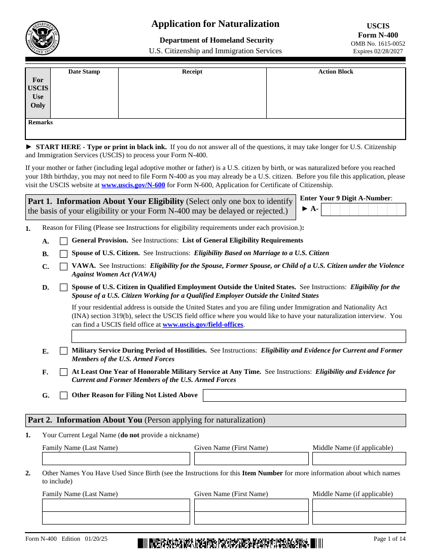 Form N-400, Part 1 — choosing your eligibility category and Part 2 — your legal name