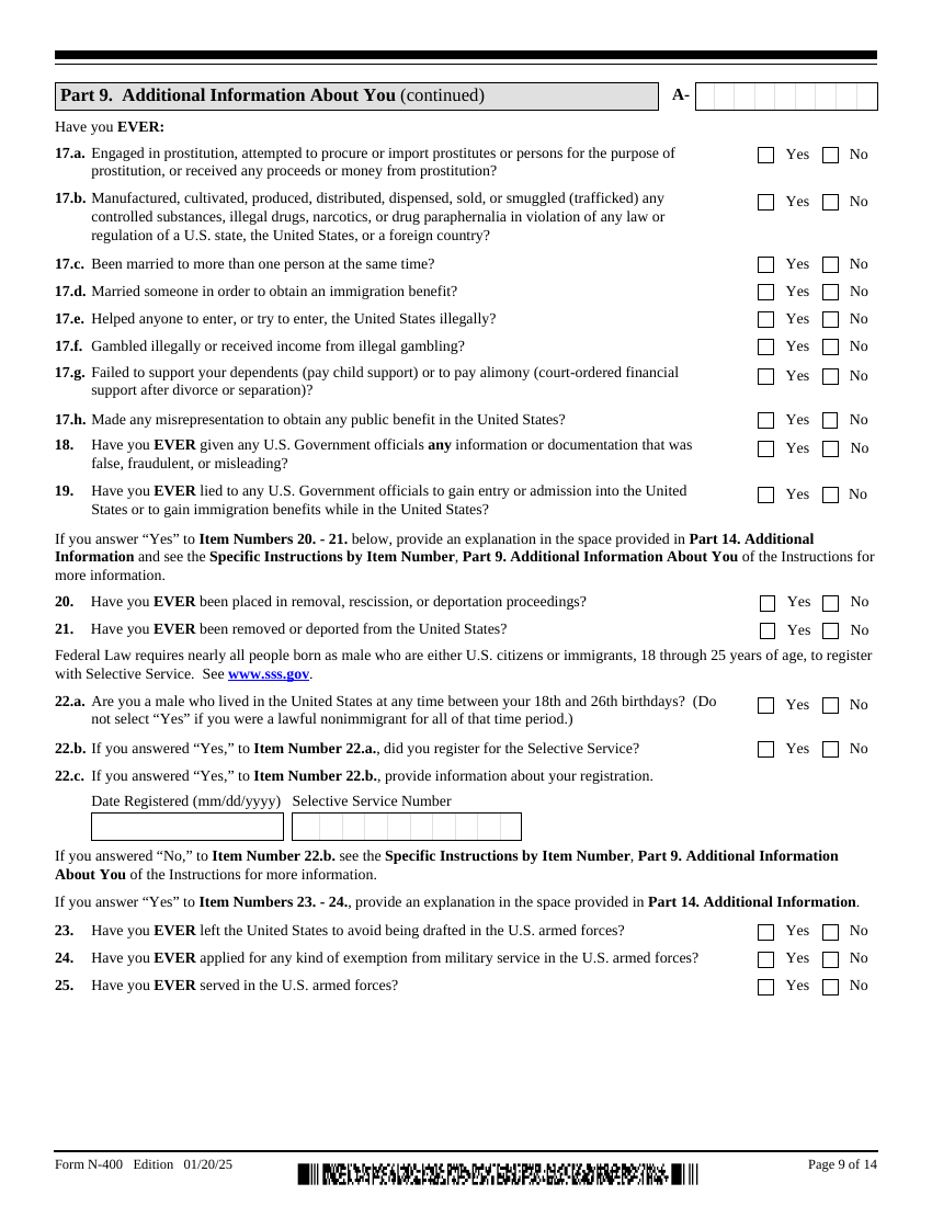 Form N-400, Part 9 — the yes/no additional information questions