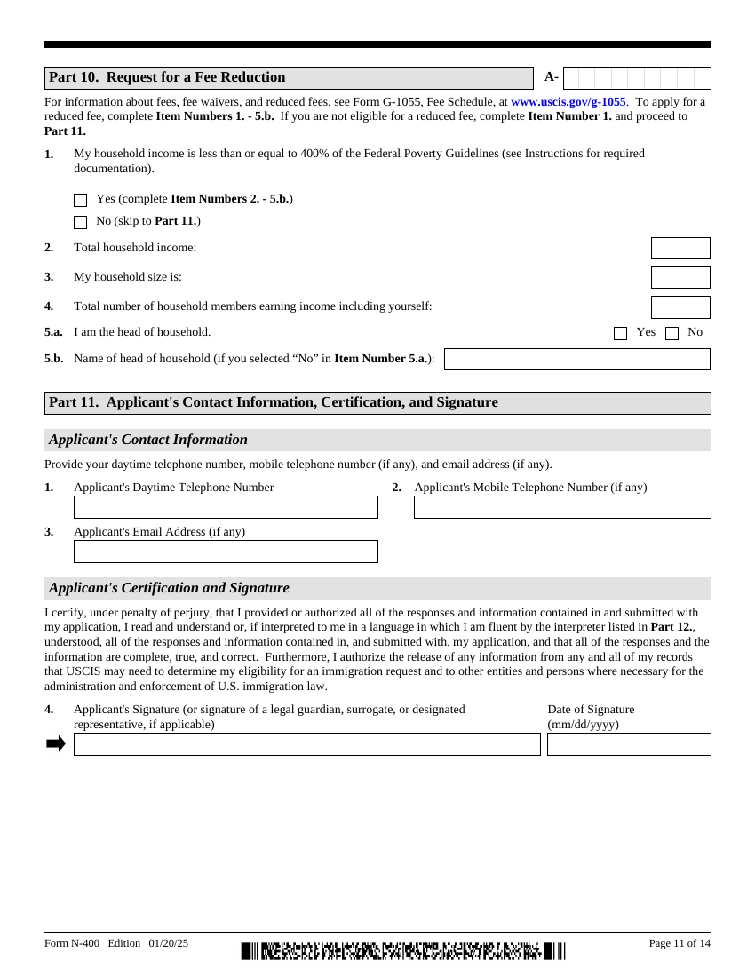Form N-400, Part 10 — reduced fee request and Part 11 — applicant certification and signature